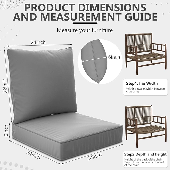 24" x 24" x 6" Outdoor Deep Seat Cushions Set - 2 Set Waterproof & Fade Resistant Patio Furniture Replacement Cushions, Non-Slip Outdoor Cushions Fit Loveseats, Couches, Chairs, and Sofas.
