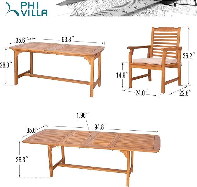 PHI VILLA 7 PCS Acacia Wood Outdoor Dining Set for 6, Expandable Teak Wooden Table & Chairs with Cushions, Farmhouse Dining Furniture Set for Patio, Deck, Yard