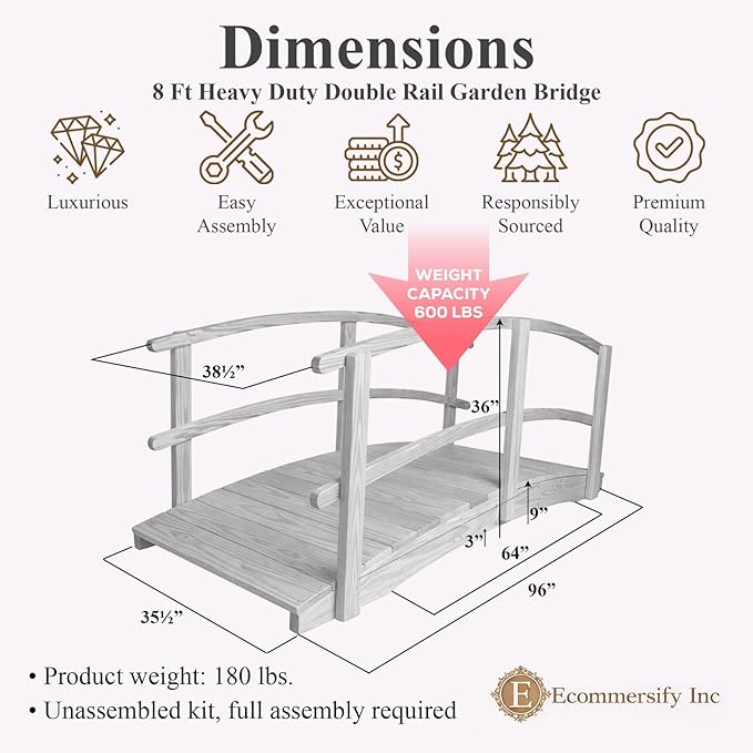 8 FT White Amish Made Garden Bridge with Double Rails for Walkway, Backyard Pond & Landscaping, Outdoor Wooden Footbridge for Koi Pond, Japanese Style Decorative Bridge, Made in USA