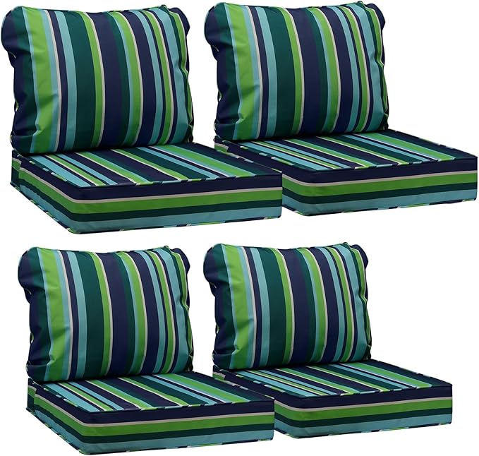 AAAAAcessories Outdoor Seat Cushions for Chairs, Fade-Resistant, Waterproof Patio Furniture Replacement Cushions, 25.5" x 25.5" x 5" + 25.5" x 19", Set of 4, Stormy Teal Coastal Stripe