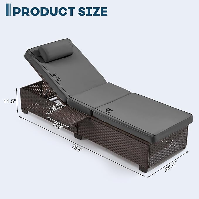 Outdoor Lounge Chairs, Pool Lounge Chairs Set of 2, Outdoor Chaise Lounge with Adjustable Backrest & Cup Holder,Grey
