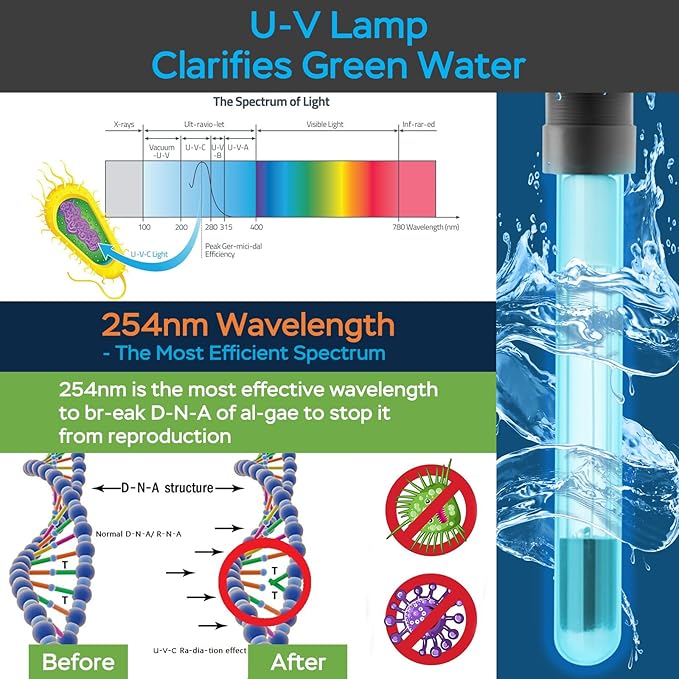 AquaMiracle All-in-One Pond Fountain Kit with Automatic Colorful LED for Outdoor Ponds 200-500 Gal, 550GPH Koi Pond Filter Pump with U - V Light to Tackle Green Water Al-gae, with 3 Spray Patterns