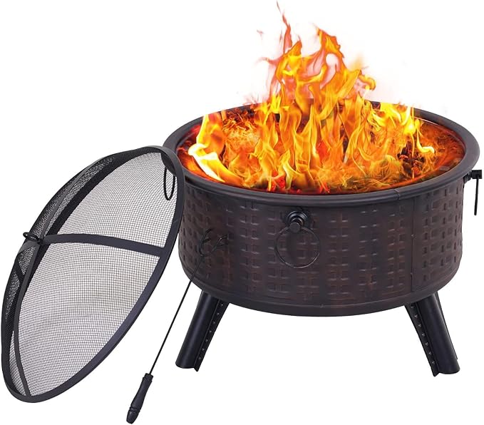 GRAND PATIO Fire Pits for Outside,Patio Outdoor Fire Pits, Round Deep Bonfire Wood Burning Fire Pit with Spark Screen Cover Safe Mesh Lid and Poker