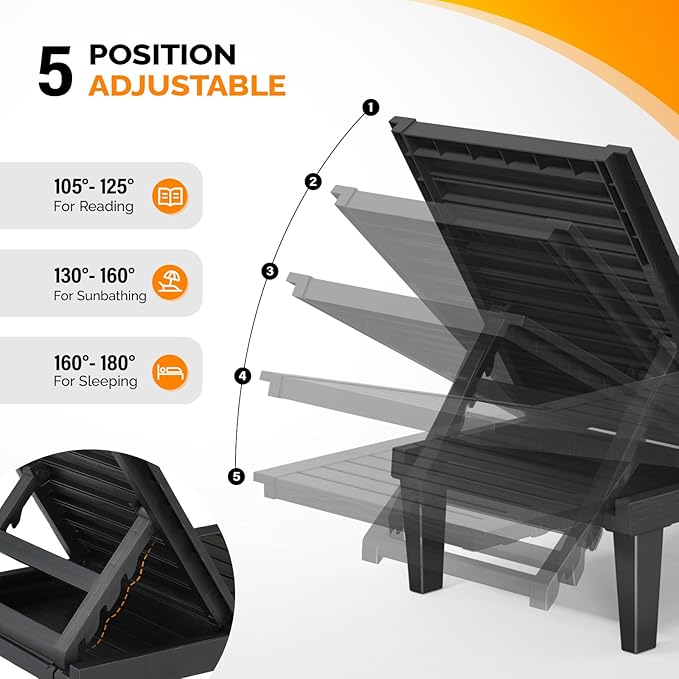 VINGLI Outdoor Chaise Lounge Chair for Outside Pool Patio, Adjustable Waterproof Easy Assembly Chaise Lounge Outdoor (Black, 1 PCS)