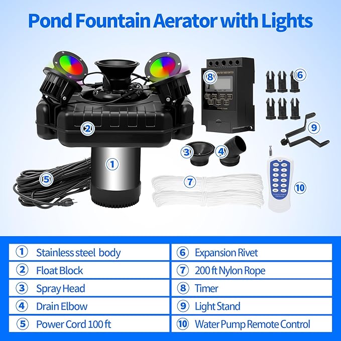 1HP Pond Fountain Aerator for Large Pond & Lake, 15000 GPH Pond Fountain with 4 RGB Lights, 110V/750W Stainless Steel Floating Aerating Fountain with Timer, 100 ft Power Cord & 200 ft Nylon Rope