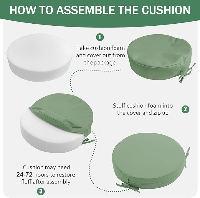 Outdoor Bistro Chair Cushions Set of 2, 15" D x 3" H Round Chair Cushions Waterproof and Fade Resistant Chair Cushion Pads with Non-Slip Ties and Removable Covers for Garden, Sage Green