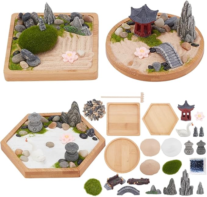 WEBEEDY 3 Sets Mini Zen Garden Kit Sand Tray Kit Japanese Sand Garden for Desktop with Bamboo Tray,Mini Rock Garden Gift Set for Home Office Desk Beautiful Japanese Decor Relaxation Meditation