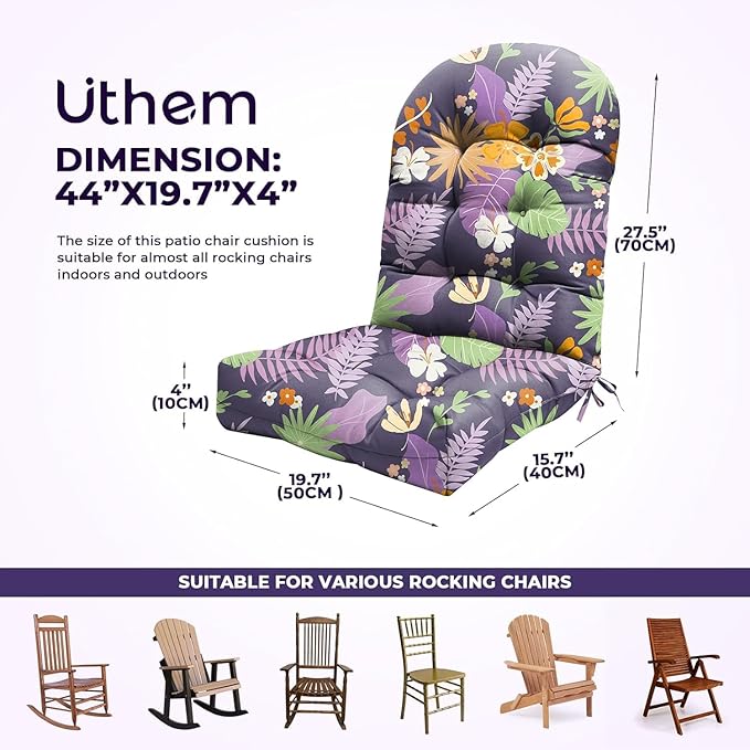 2 Pack Adirondack Chair Cushion Waterproof Indoor Outdoor Rocking Chair Cushion 44 Inches Patio High Back Chair Cushions Thickened Adirondack Rocking Chair Cushions with Ties, Purple Flower Leaves