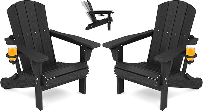 SERWALL Adirondack Chair Set of 2, Folding Adirondack Chair with 3 Recline Positions, All Weather HDPE Adirondack Outdoor with Cup Holders, Black