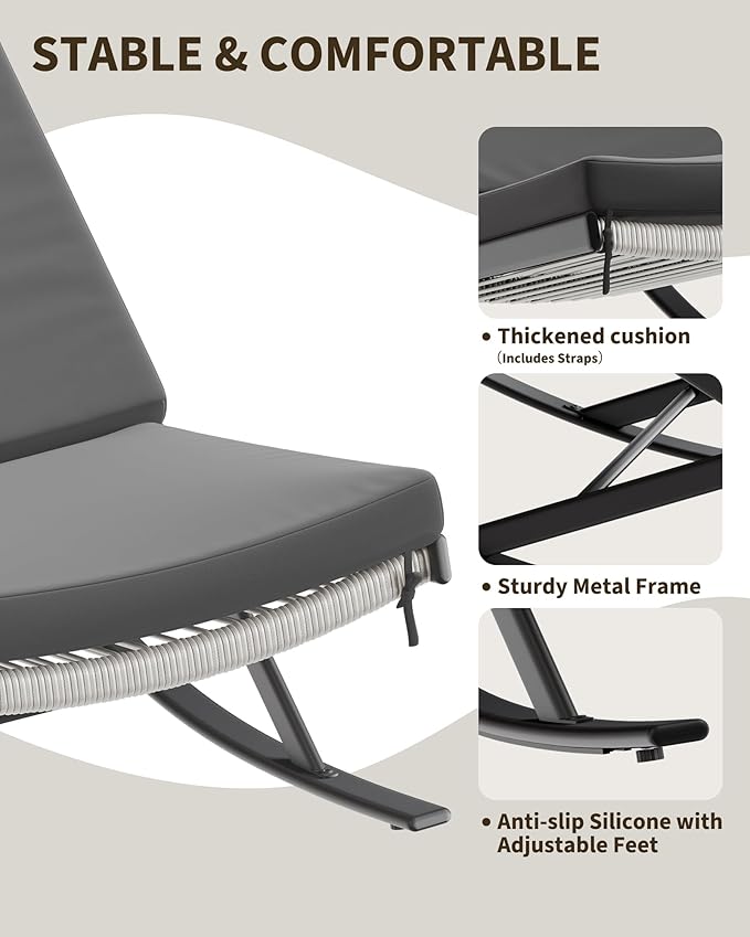 GarveeLife Outdoor Rocking Lounge Chair Set of 2, Patio Chaise Lounge with Removable Cushion for Napping Relaxing, Indoor Reclining Papasan Rocker Chair, Grey
