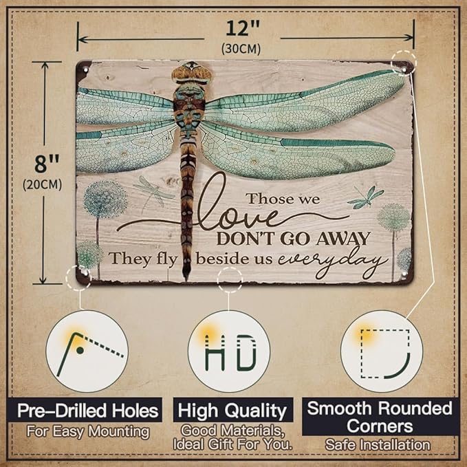YOYI ART Metal Dandelion Dragonfly Wall Decor Sign - Those We Love Don't Go Away, Vintage Tin Signs for Home, Bedroom, Kithcen, Garden, Patio and Yard Wall Art Accessories, Gift for Women, 12 x 8 inch