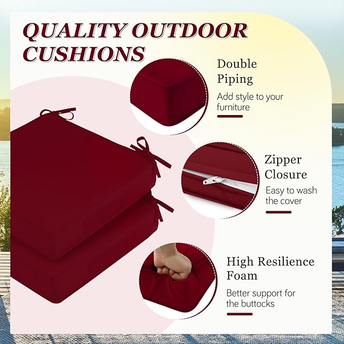 Waterproof Outdoor Chair Cushions Set of 2, Square Outdoor Seat Cushions with Ties and Removable Covers, 19 x 19 Outdoor Cushions for Patio Furniture with Portable Handle(Burgundy)