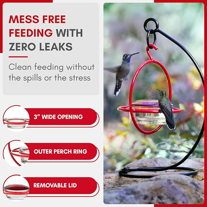 Hummingbird Feeder for Outdoors Hanging, 3.4 OZ Hummingbird Feeders, Glass Bowl with 4 Feeding Ports, Leak Proof Lid & Circular Perch, Bird Feeder (3, Red)