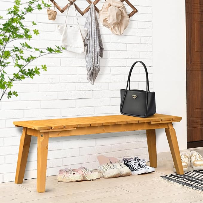 VINGLI Outdoor Wooden Bench, 45” 2-Person Backless Dining Bench, Weatherproof Outdoor Patio Bench for Porch Entryway Garden (1, Teak)