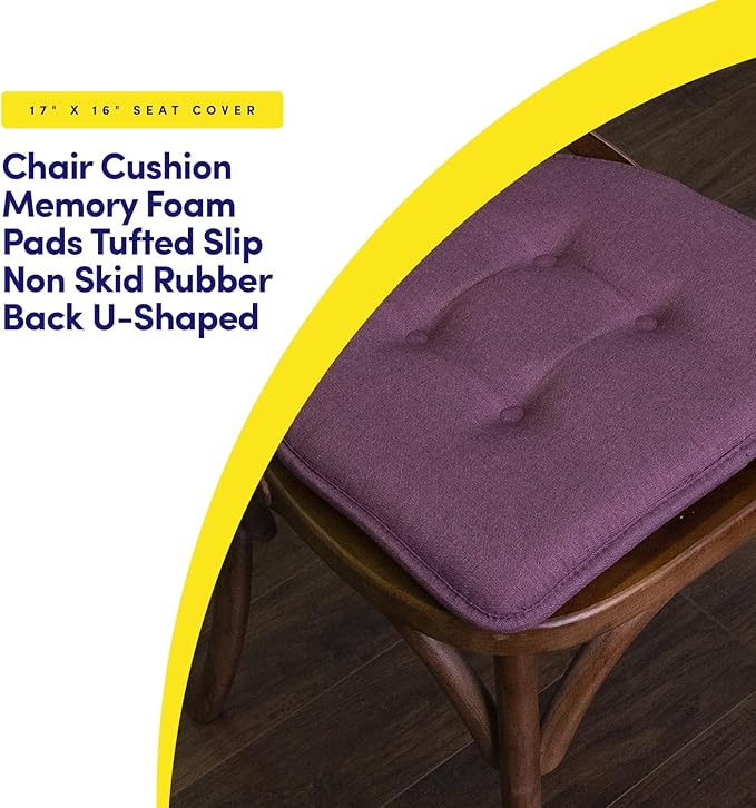 Sweet Home Collection Chair Cushion Memory Foam Pads Tufted Slip Non Skid Rubber Back U-Shaped 17" x 16" Seat Cover, 12 Count (Pack of 1), Purple