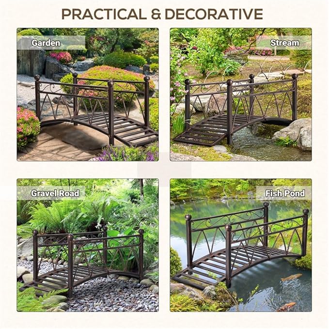 3.3FT Steel Garden Bridge with Anti-Slip Deck, 300LB Capacity Metal Footbridge for Yard, Pond or Garden - Rust-Resistant Powder Coated & Easy Assembly