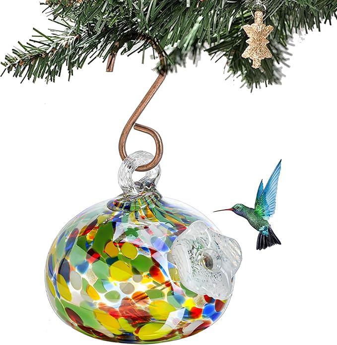 Blown Glass Hummingbird Feeder for Outdoors Hanging Ornaments with Hook Unique Humming Bird Feeder for Home Window Garden Decoration