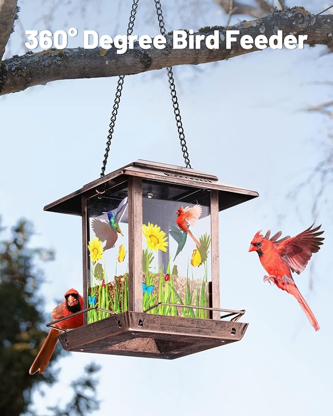 Solar Bird Feeders for Outdoors - 2.5 LBs Metal Wild Large & Small Bird Feeder for Outside Hanging, Gift Ideas for Avian Enthusiast Garden Yard Seeds (Chew-Proof, Weather Resistance)