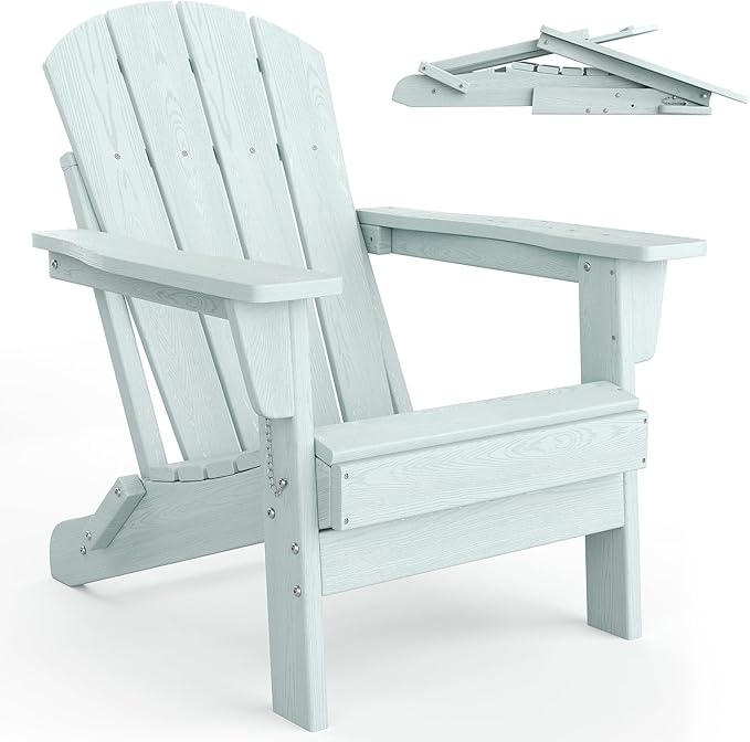 GarveeLife Folding Adirondack Chairs Set of 4, HDPE Plastic Outdoor Chairs with Wood Texture - 380 LBS & Weather Resistant for Fire Pit, Deck, Patio, Pool, Backyard - Light Blue
