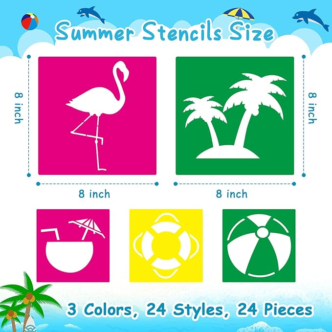24 Pieces Summer Stencils for Kids 8 Inches Drawing Chalk Stencils Large Washable Aloha Themed Primary Shape Template for Kids Toddlers Preschooler