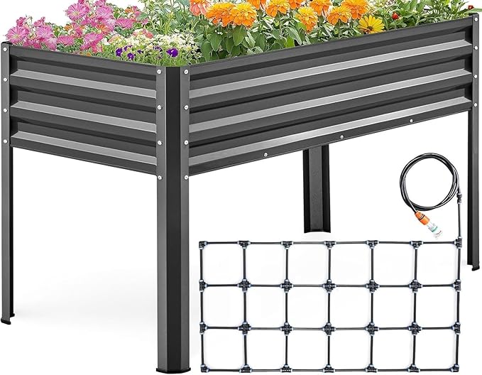 KING BIRD Raised Garden Bed with Irrigation System and Legs Galvanized Elevated Planter Box 48×24×30 in for Backyard, Patio, Balcony, 400lb Capacity, Dark Grey