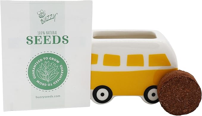 BUZZY Seeds Mini Ceramic Flower Bus Grow Kit, 4-Pack – Colorful Retro Bus Planters with Daisy, Cosmos, Calendula & Coneflower Seeds, All-in-One Seed Starter Gift Set