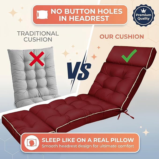 MAGIC ELEPHANT Chaise Lounge Cushion Outdoor, Memory Foam Patio Lounge Chair Cushion with Ties for Indoor Outdoor Furniture, Water-Repellent Replacement Long Chair Cushion (Burgundy)