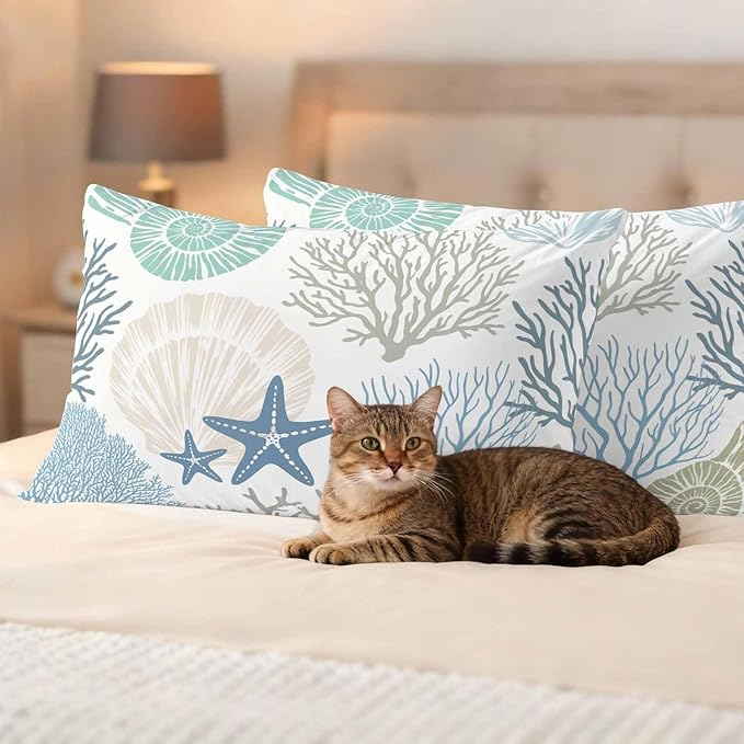 Blue Ocean Shells Coral Waterproof Pillow Covers Set of 2,Conch Starfish Marine Life Outdoor Pillow Protectors with Zipper Pillowcases for Patio Tent Garden Beach 20x12 Inches