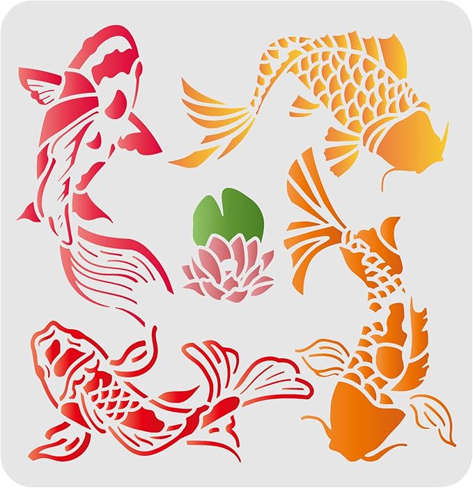 FINGERINSPIRE Koi Lotus DIY Stencils - Wall/Painting/Window - 11.8x11.8 inch Reusable Mylar Art Craft Template