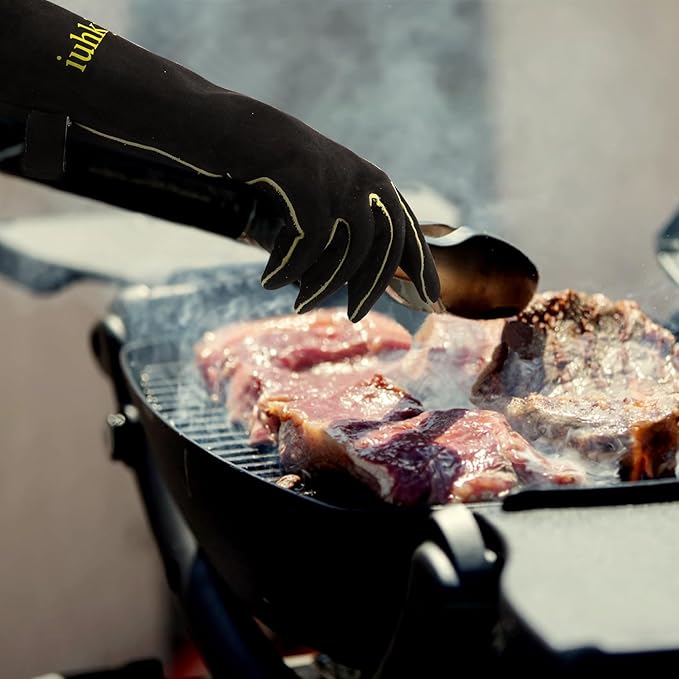 Leather Oven Gloves for Women Man, Heat Resistant Fire Long Sleeve Gloves for Tig Mig Stick BBQ Fireplace Animal Handling (14in)