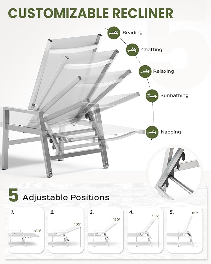 Patio Chaise Lounge Chair Outdoor with Wheels&Armrests, Aluminum Pool Lounge Chairs Set of 2 Five-Position Adjustable Recliner, Outdoor Beach Lounge Chairs for Poolside, Patio, Deck, Yard, White