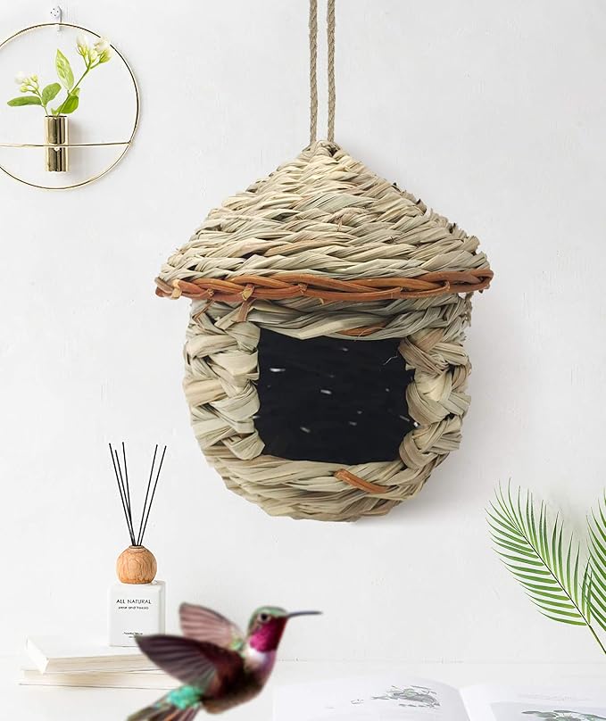 Gute Hummingbird House, Grass Hand Woven Birdhouses for Outdoors Hanging, Natural Bird Hut for Outside, Bird Houses for Audubon Finch Canary Chickadee - Set of 2