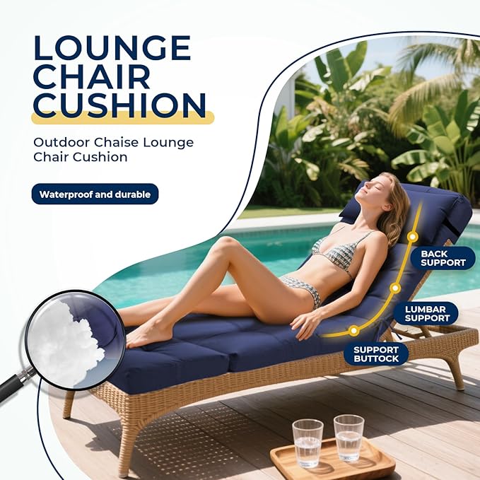Waterproof Outdoor Chaise Lounge Chair Cushion 74.4 x 22 x 4.7 Inches Lounge Chair Cushions Thickened for Outdoor Furniture with Headrest and Pocket, Replacement Pool Lounge Cushions, Blue