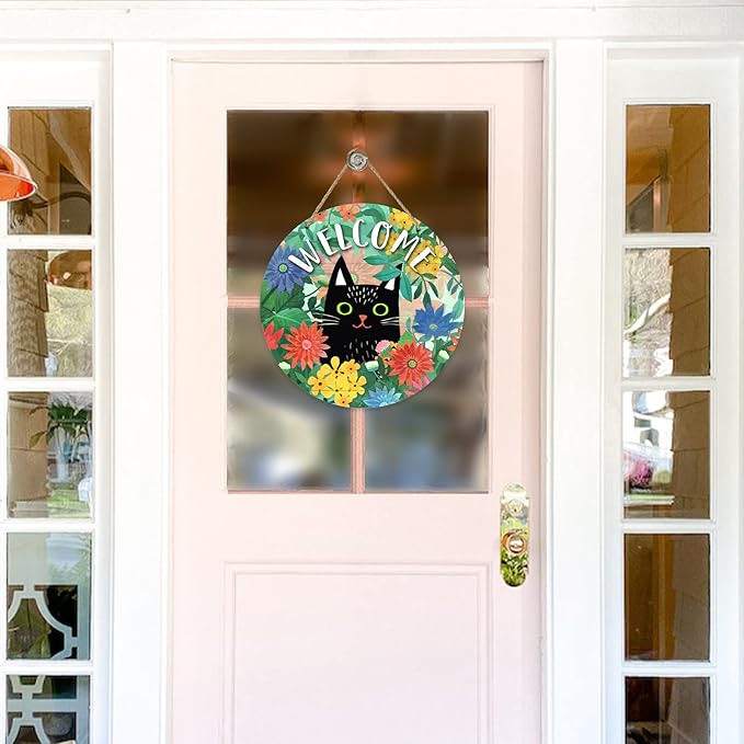 Deroro Welcome Spring Black Cat Sign for Front Door Decor, Daisy Flowers Floral Wood Door Hanger for Outdoor Outside Porch, Seasonal Summer Farmhouse Wooden Wreath Indoor Wall Hanging Decoration