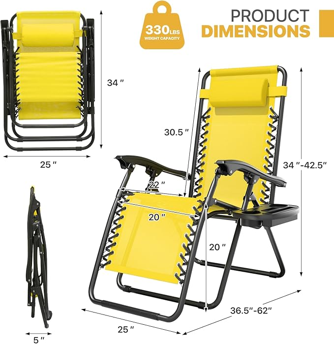 Magshion Zero Gravity Lounge Chairs Set of 2, Outdoor Patio Reclining Chair with Side Tray, Adjustable Anti-Gravity Recliners with Pillow Headrest, Folding Lounger for Lawn Camping Beach, Yellow