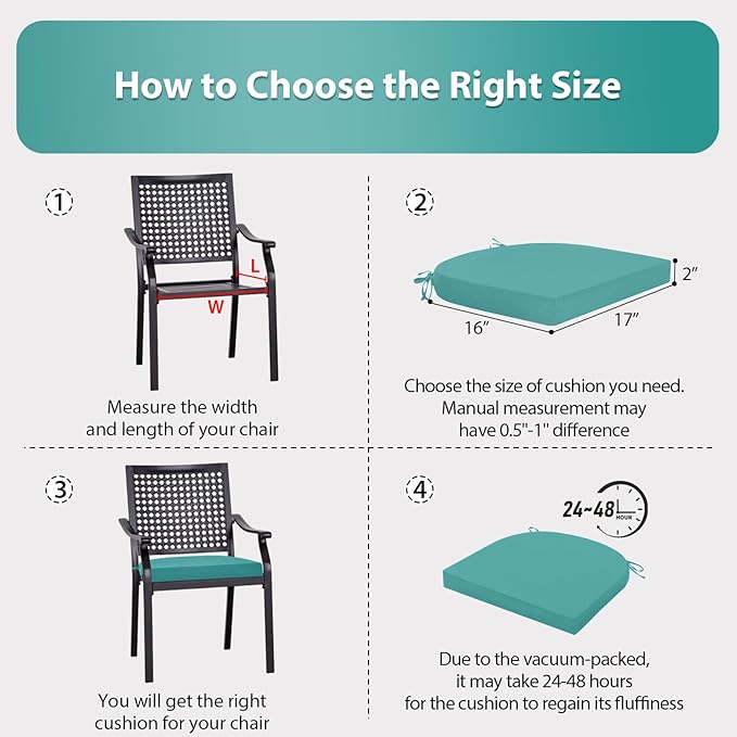 Outdoor Chair Cushions Set of 4, 17 x 16 Inch Patio Chair Cushions for Outdoor Furniture, Water Resistant, Non-Slip Ties(Teal)