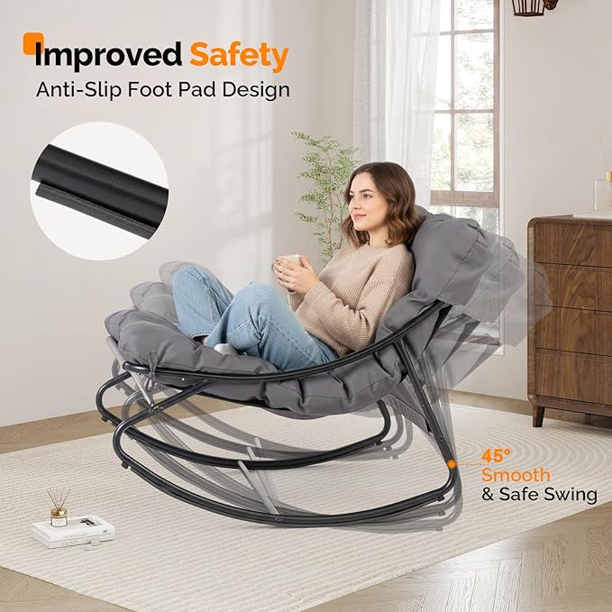 VINGLI Outdoor Rocking Chair with Ottoman, Comfortable Cushioned Lounge Chair for Indoor & Outdoor, Supports 400 LBS, Grey