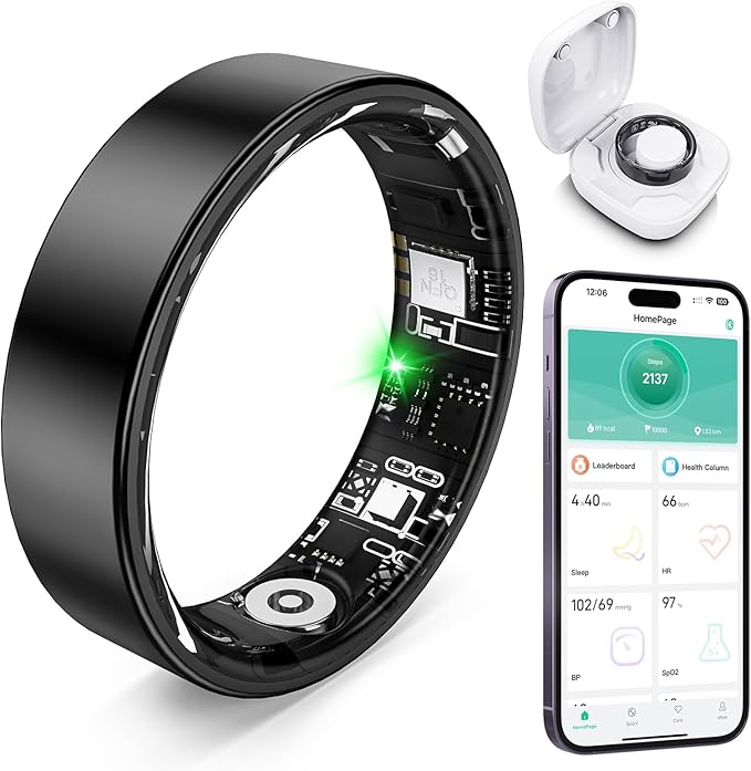 Smart Ring with Sleep Monitoring, Step Counting, Heart Rate, Blood Oxygen for iOS and Android, No Subscription Fee, IP68 Waterproof Health Tracker (Black, 8)