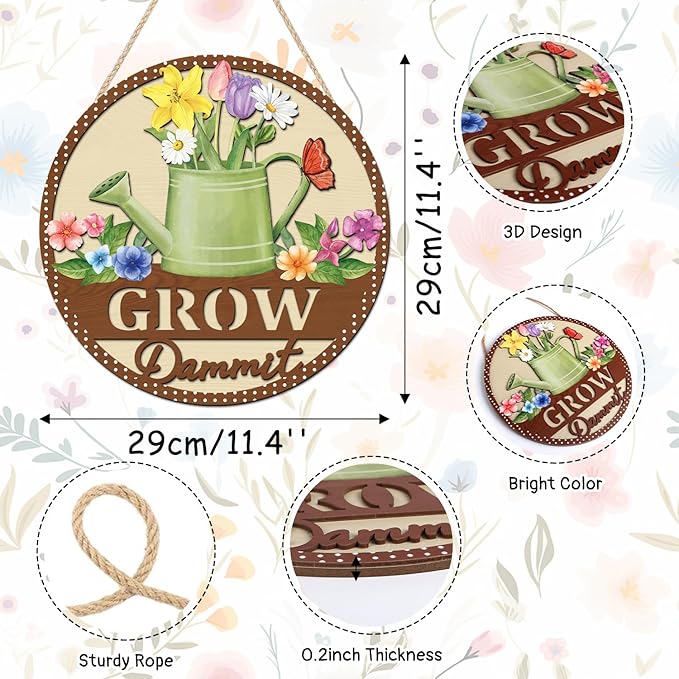 HOURIA 3D Spring Flower Wreath Door Sign(11.4”x11.4”), Grow Dammit Garden Farmhouse Wooden Door Decor,Vintage Spring Watering Can Floral Wall Hanging Sign for Front Door Outdoor Porch