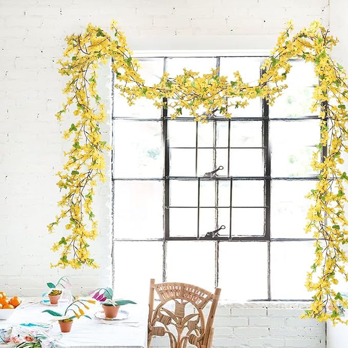 4pcs 23.6ft Forsythia Garland Artificial Flower Garlands Spring Garland for Mantle Fake Hanging Flower Vines Home Wall Home Party Wedding Indoor Outdoor Bedroom Wedding Decoration