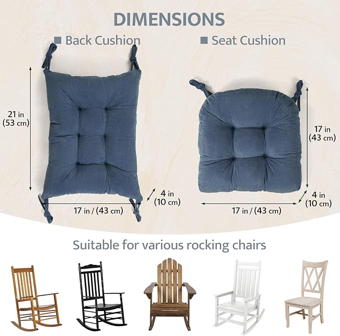 mudilun Rocking Chair Cushion Set - Non-Slip Tufted Rocking Chair Cushions with Ties Soft Indoor/Outdoor Wooden Rocking Chair Seat Pad for Porch Garden Cafe & Nursing