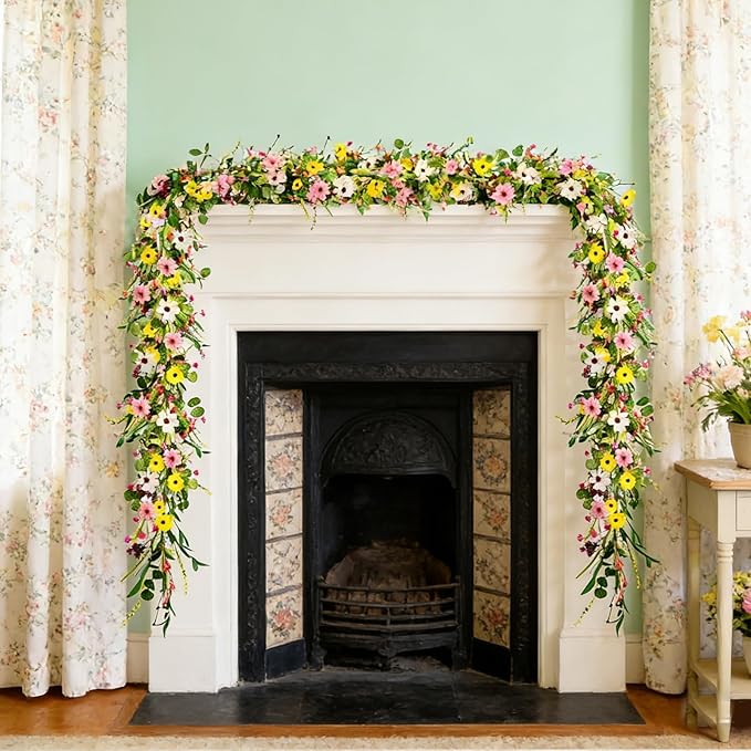 6.5 Ft Summer Flower Vine Garlands Artificial Wildflower Wisteria Lavender Daisy Spring Garland Not Withering Floral Wreath Garland All Year Round Home Decor for Indoor Outdoor Home Wedding Arch