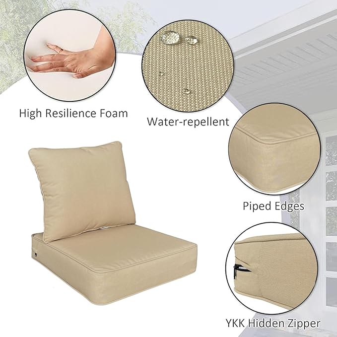 COZYVIDA Outdoor Deep Seat Cushion Set of 1, 24"x24" Seat & 25"x22.5" Back, C0 Water-Resistant Breathable Polyester, UV-Resistant 1000+ Hrs, 30D Foam with Recycled Fiber Fill,Beige