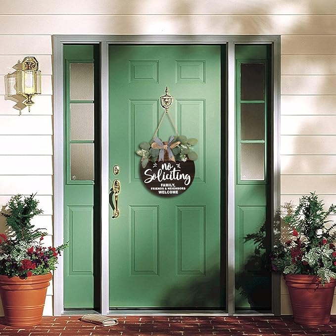 CHDITB 3D No Soliciting Front Door Hanging Sign (12”x12”), Family Friends Neighbors Welcome Wreath with Bow Eucalyptus Leaves, Rustic No Solicitior Solicition Door Hanger Decor for House Door Porch