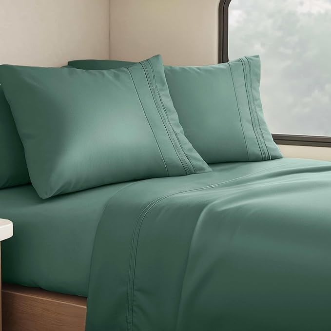 Clara Clark Bed Sheets, Premier 1800 Series 4 Piece RV Queen Sheet Set, Luxury Soft Sheets for RV Bunks, Short Queen - Forest Green