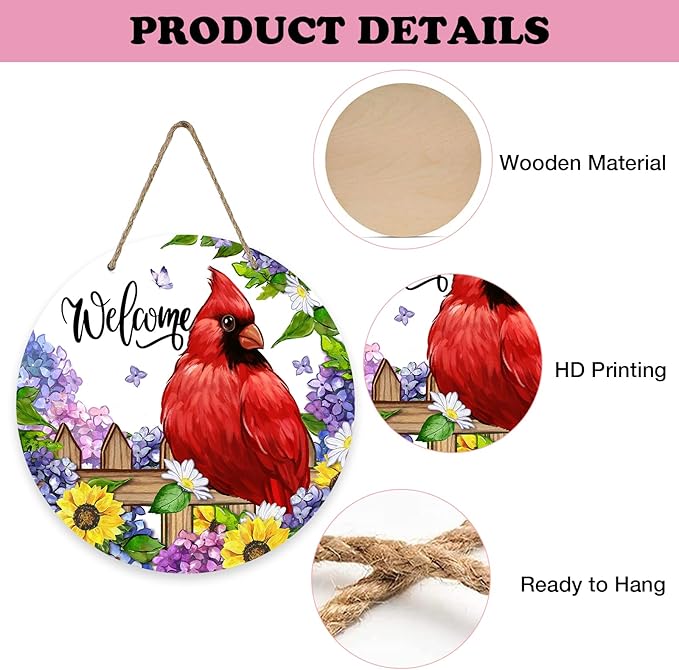 Welcome Spring Summer Cardinal Front Door Sign, Red Bird Hydrangea Sunflower Wood Door Hanger Outdoor Outside Porch Decor, Daisy Flower Seasonal Wooden Wreath Indoor Wall Hanging Decoration