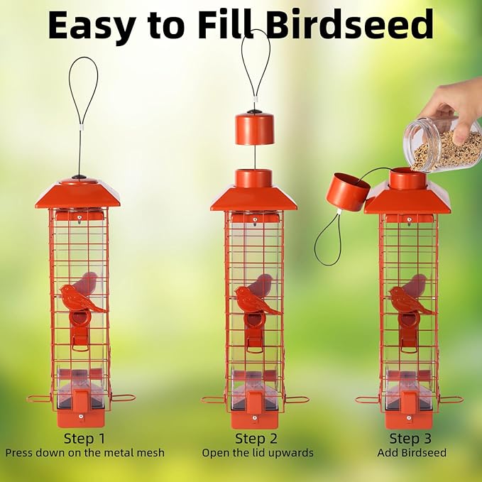 Squirrel Proof Bird Feeder, Metal Mesh Bird Feeder for Outside, Large Capacity and 4 Ports Perches (Orange)