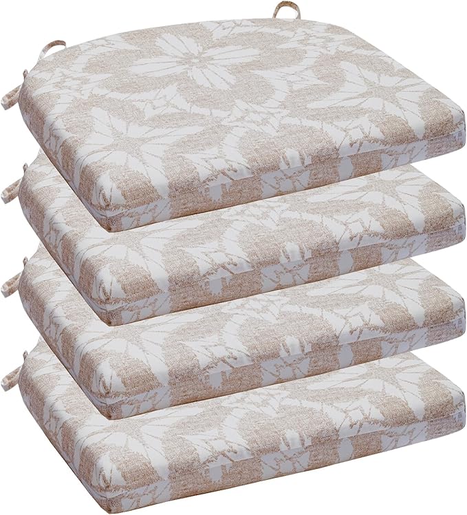 Wellsin Outdoor Chair Cushions for Patio Furniture - Patio Chair Cushions Set of 4 - Water Resistant Round Corner Outdoor Seat Cushions 17"X16"X2", Flower Beige