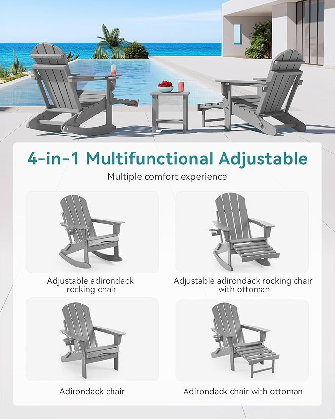 Adjustable Adirondack Rocking Chair with Retractable Ottoman, 4-in-1 Multifunctional Folding Patio Chair with Cup Holder, Outdoor Chair Wood Texture for Lawn, Porch, Backyard, Pool(Grey)