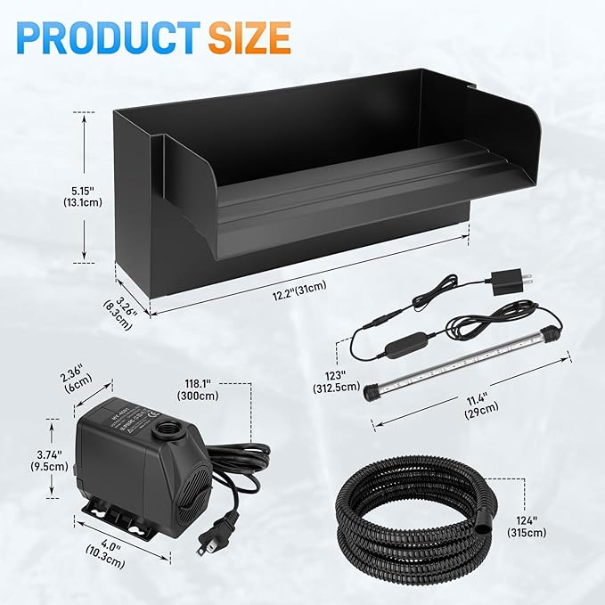All-in-1 Pond Waterfall Kit with LED Light, 12 inch 304 Stainless Steel Spillway with 880 GPH 45W Pump, Filter Media Bag, Outdoor Waterfall Fountain for Water Feature, Garden, Backyard, Pool